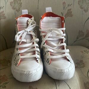 White and Orange High-Top Sneakers with Classic Design